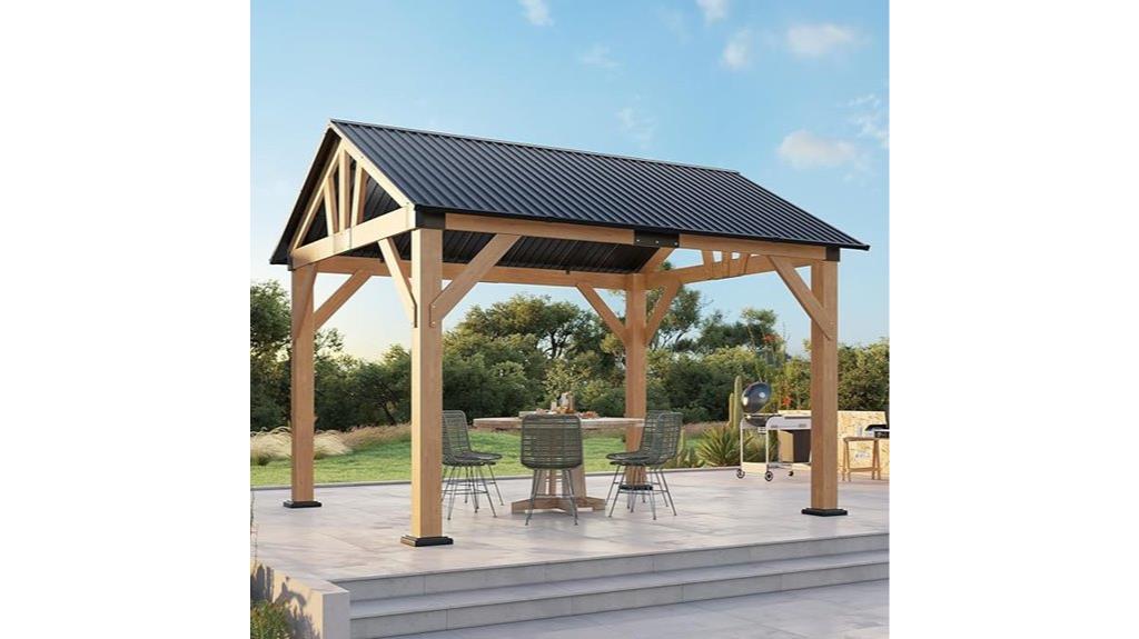 wooden gazebo with steel roof